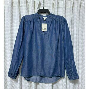 NWT A New Approach ANA Gathered Blue  Medium Wash Denim Long Sleeve Top Size XS